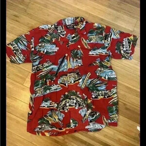 KAD Clothing Company Hawaiian Shirt Woody Car Mens XL Red Graphic Aloha‎